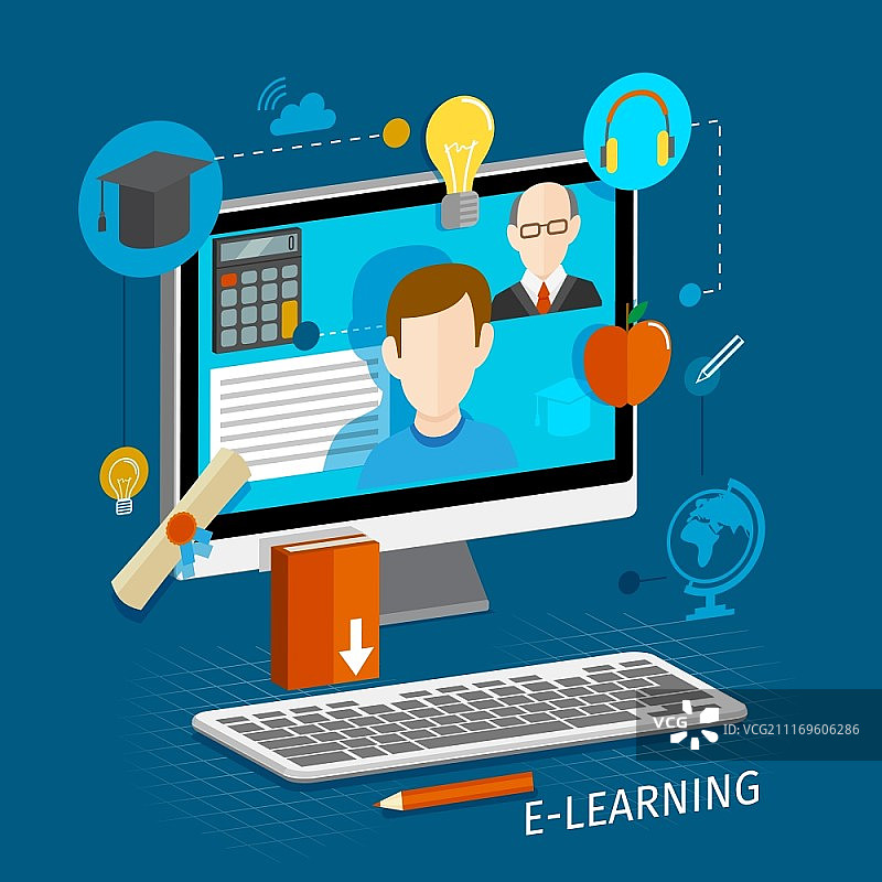 电子学习扁平风海报：包含显示器和图标图片素材