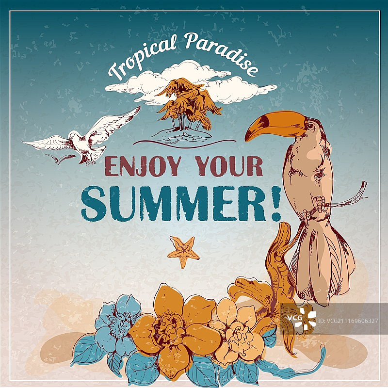 复古海洋旅行热带岛屿海报，带鸟类和花卉矢量插画图片素材