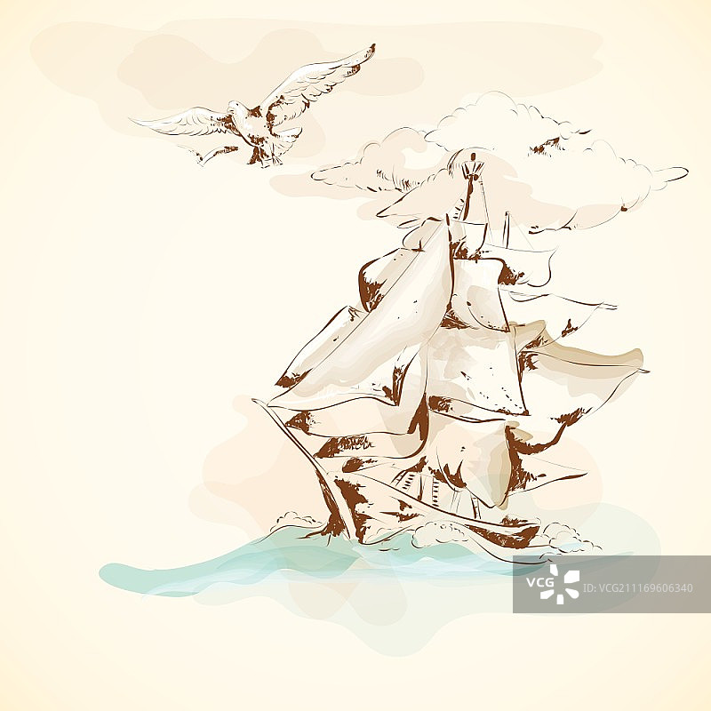 航海主题帆船羊皮纸海报与手绘海鸥矢量插画图片素材