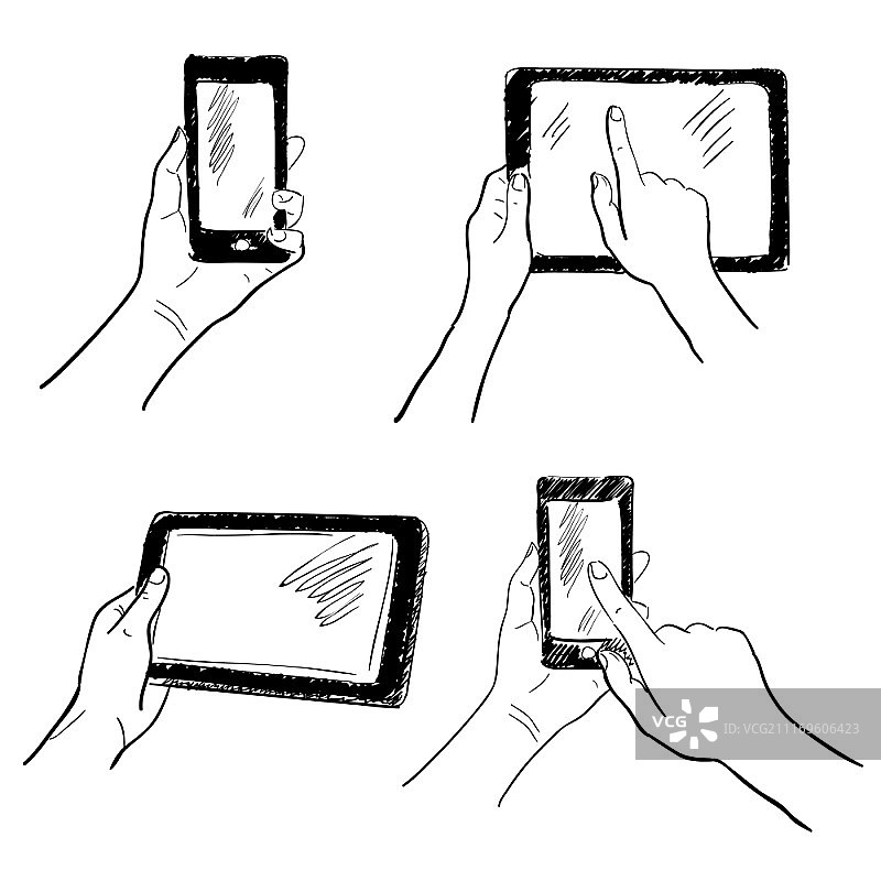 手势：拿着智能手机、平板电脑触摸屏草图合集，隔离矢量插图图片素材