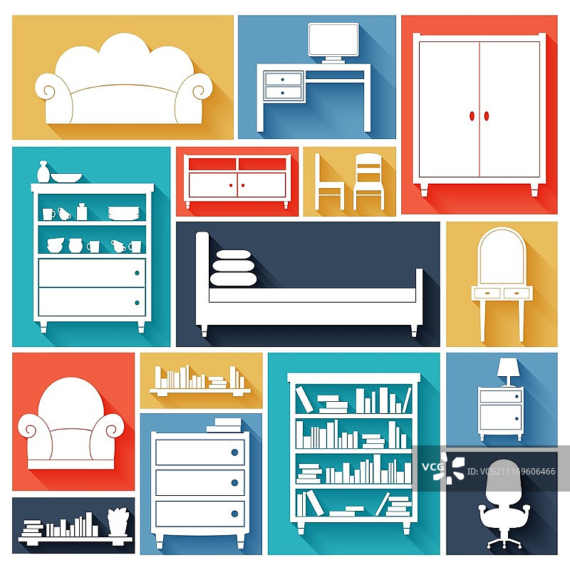 家具剪纸风格装饰图标（椅子、沙发、书桌、床）矢量素材图片素材