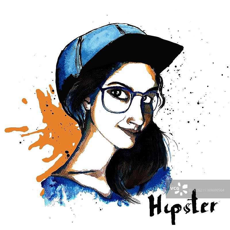 戴眼镜和帽子的微笑潮人女孩墨水绘制矢量插图图片素材