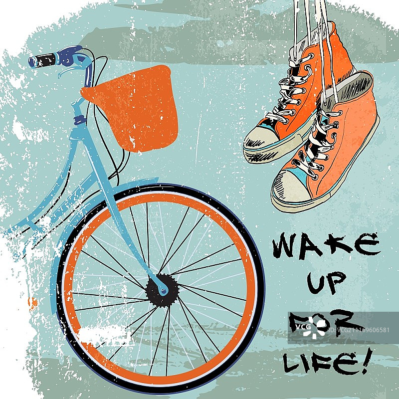 时髦悬挂胶底鞋素描嬉皮士复古自行车矢量插画背景图片素材