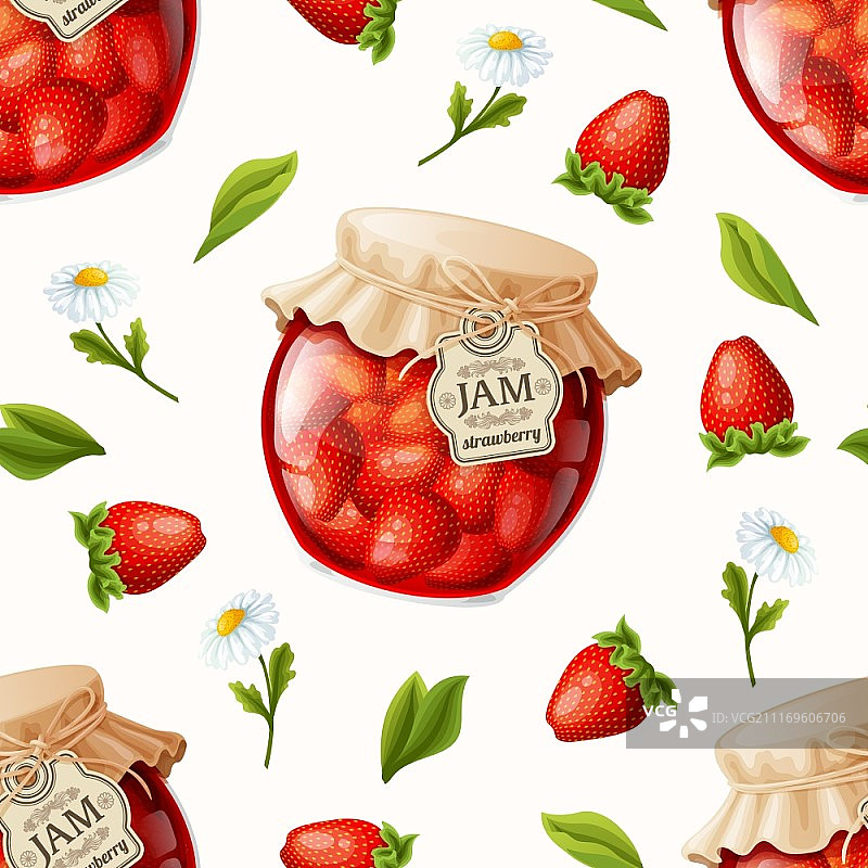 天然有机草莓酱罐花叶无缝图案矢量图图片素材