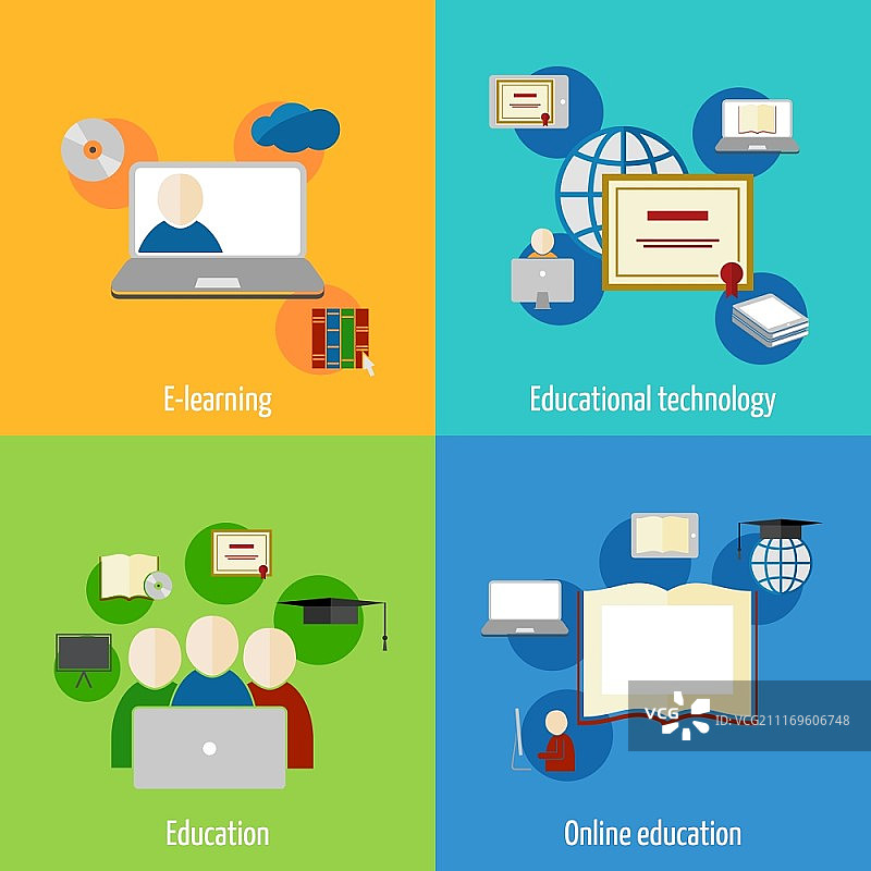 在线教育网络研讨会数字学校扁平风格图标矢量图图片素材