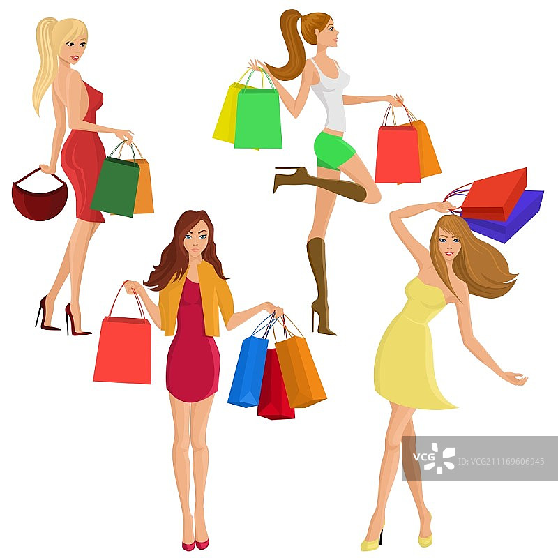 年轻时尚女性购物与促销手袋矢量插画图片素材