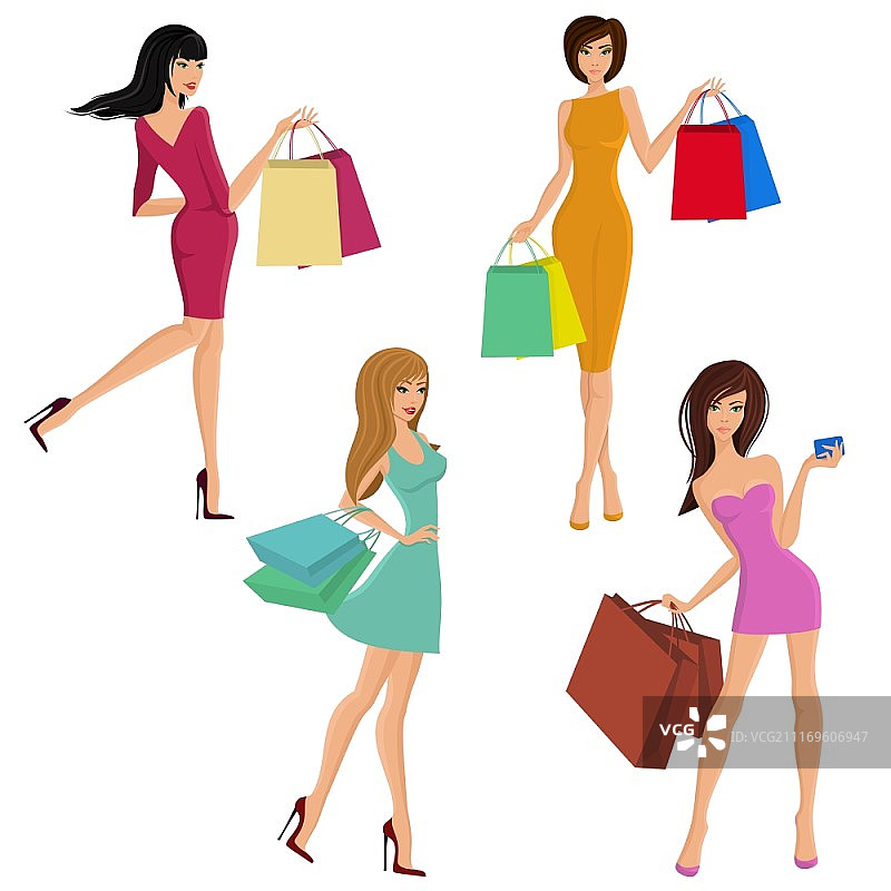 手提时尚购物袋的年轻性感购物女孩矢量插画图片素材
