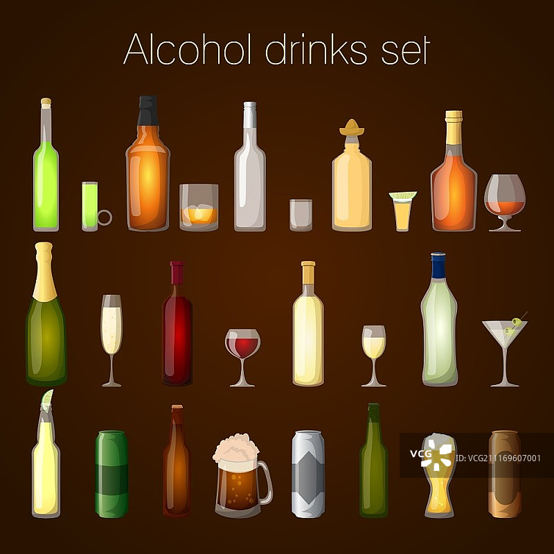 葡萄酒、啤酒、香槟、马提尼酒精饮品瓶和玻璃杯矢量图图片素材