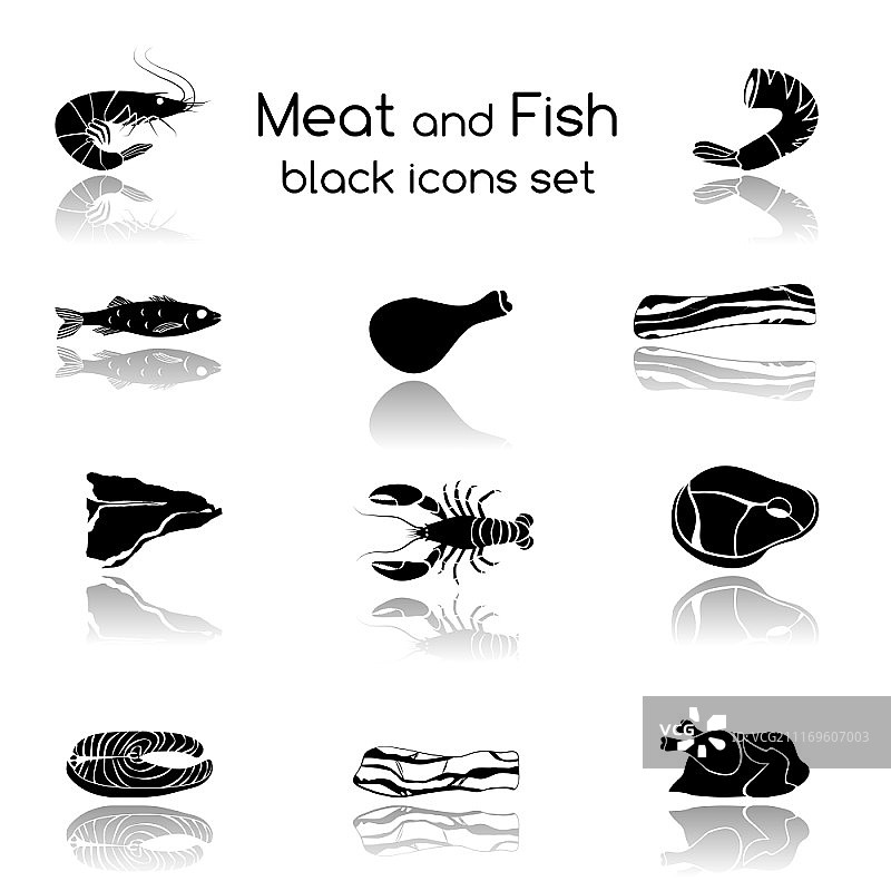 食物：鱼和肉黑色图标集合（蟹，鲑鱼，猪排），独立矢量图图片素材