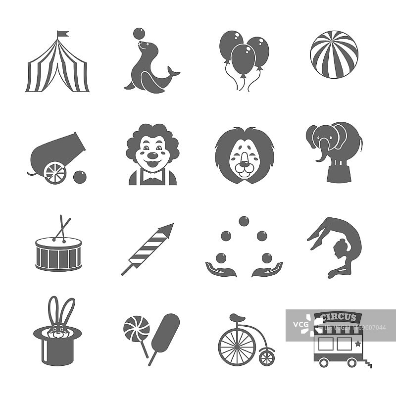 马戏团海狮杂耍特技集锦黑色图标矢量插画图片素材