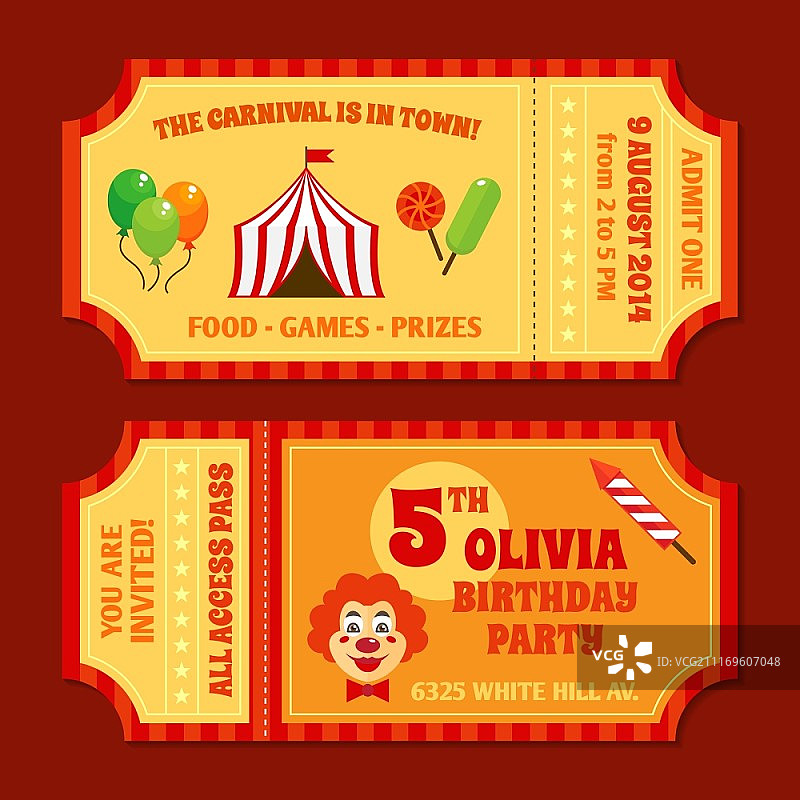 两张复古马戏团门票，含小丑亭帐篷气球和糖果的矢量插图图片素材