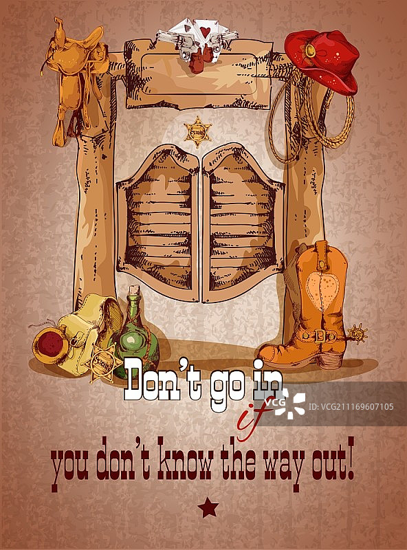 狂野西部酒吧门海报与牛仔靴帽子马鞍矢量插画图片素材