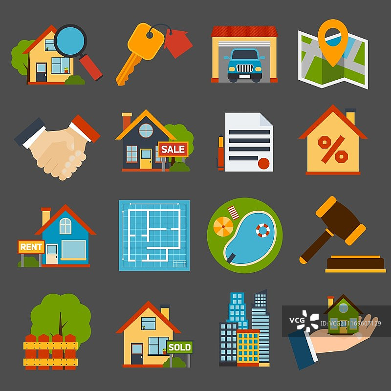 房地产图标集：房屋钥匙车库游泳池矢量素材图片素材
