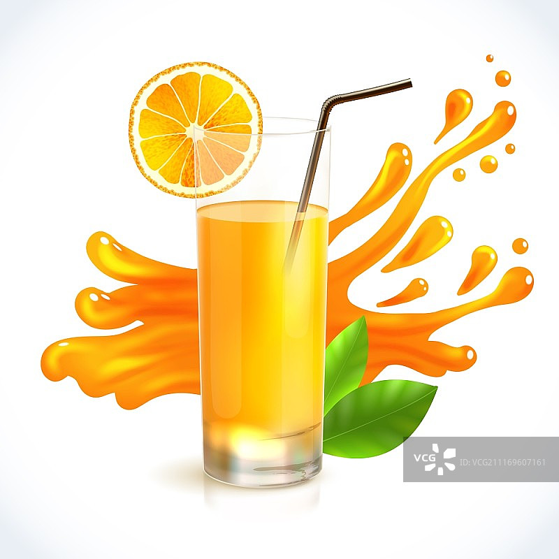 带有吸管和飞溅玻璃杯中的橙汁健康饮品矢量图图片素材