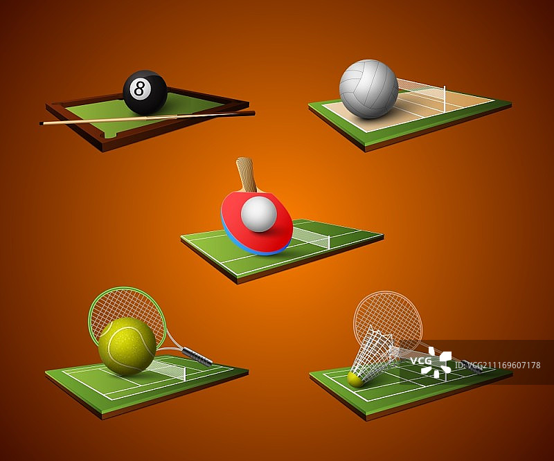 逼真风格的乒乓球、台球、羽毛球、排球运动标志图标矢量素材图片素材
