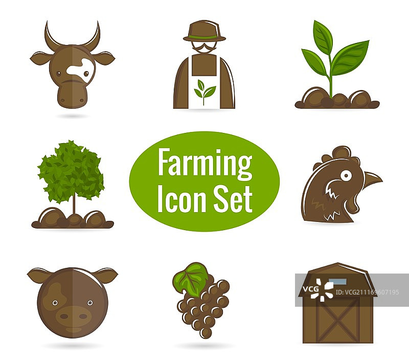 耕作、收割和农业装饰图标集：牲畜农民和收割隔离矢量图图片素材