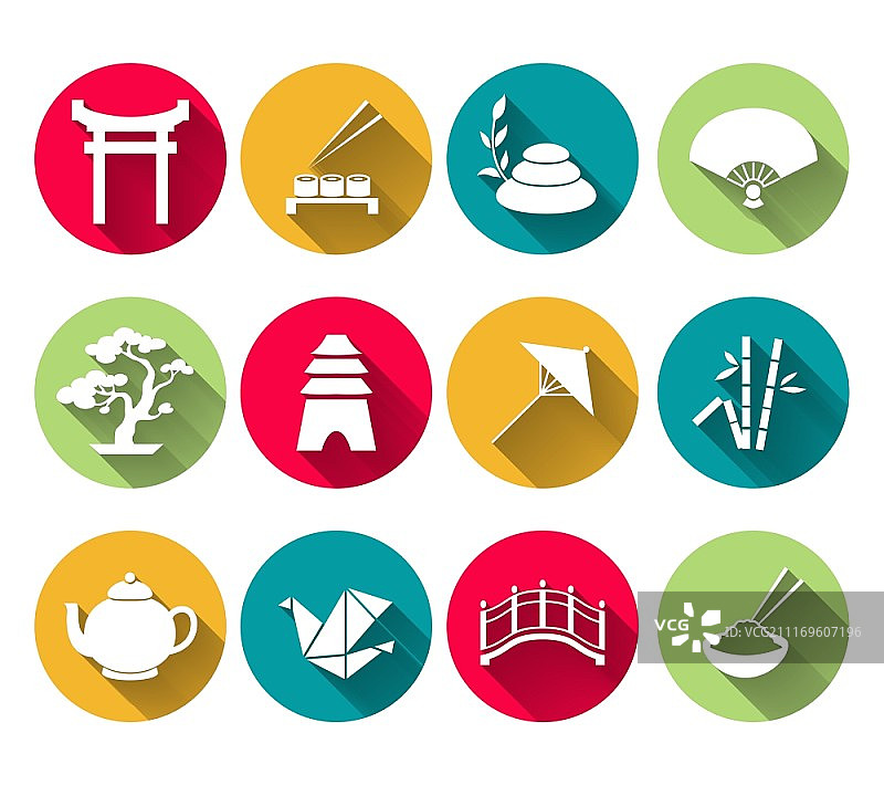 寿司竹筒米饭茶壶矢量插画日式符号图标集图片素材