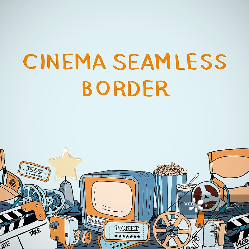 电影娱乐装饰素描无缝边框装饰矢量插图图片素材