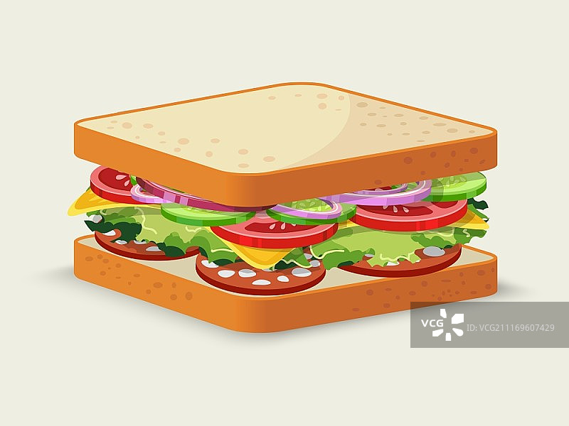 萨拉米三明治美食标志，配番茄沙拉黄瓜洋葱奶酪分离矢量插画图片素材
