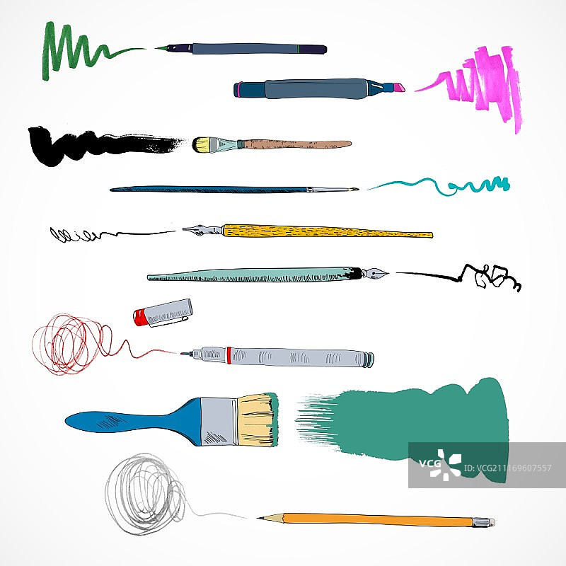 装饰纤维笔墨迹和扁平笔刷笔触图标涂鸦草图矢量图图片素材
