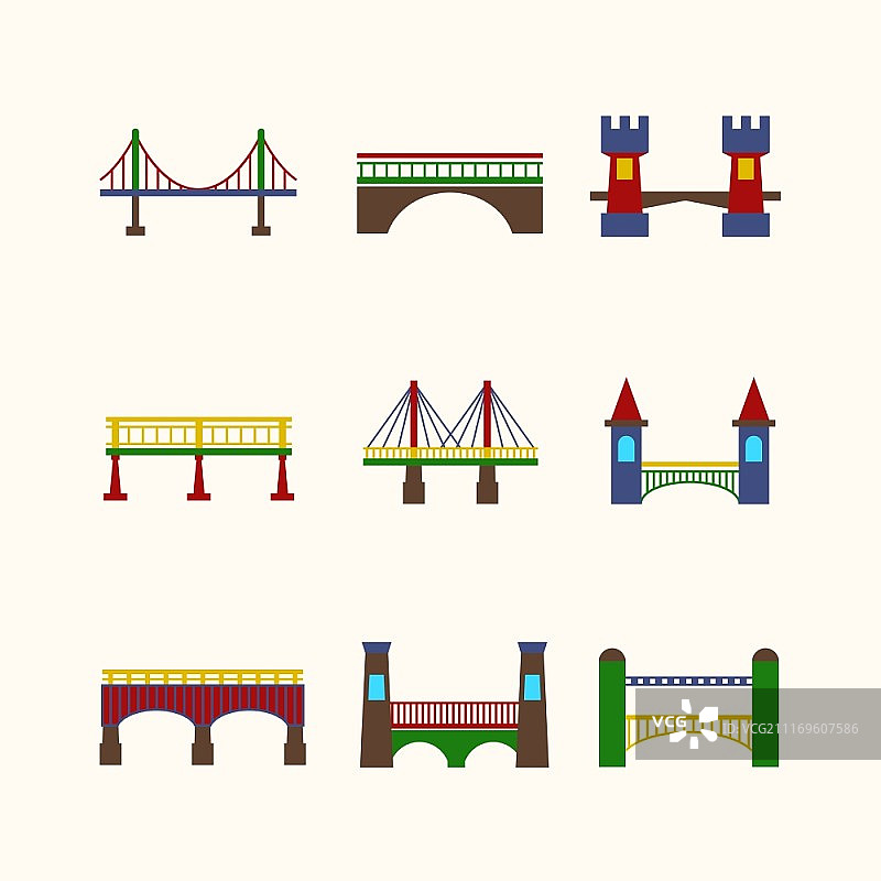 桥梁建筑城市地标港口建筑扁平图标集矢量图图片素材