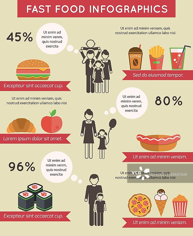 披萨、巧克力、苹果、意大利面的快餐信息图扁平图标集矢量图图片素材