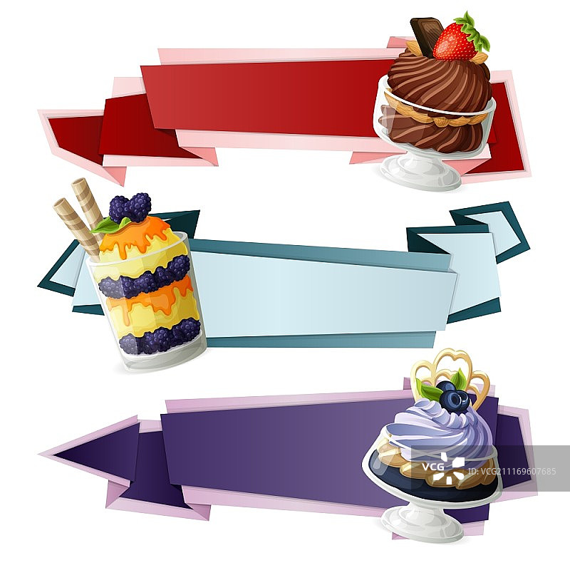 带有黑莓蓝莓奶油甜点的装饰糖果食品纸质banner矢量图图片素材