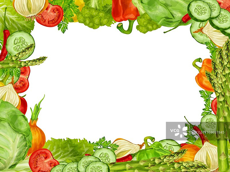 有机蔬菜食品边框，含辣椒西兰花黄瓜矢量图图片素材