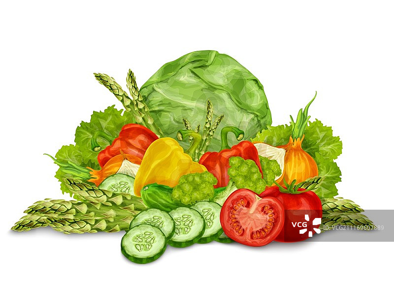 有机蔬菜食品混合静物，白色背景矢量图图片素材