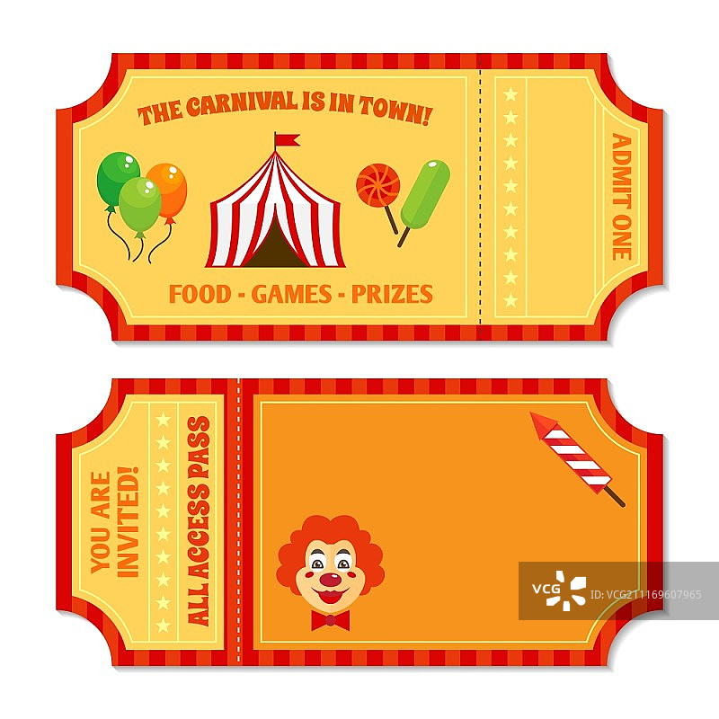 两张复古马戏团门票，含小丑亭帐篷气球和糖果的矢量插图图片素材
