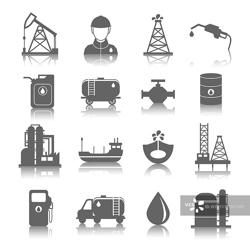 石油工业汽油加工符号图标集，含油罐车、油桶和泵的矢量图图片素材
