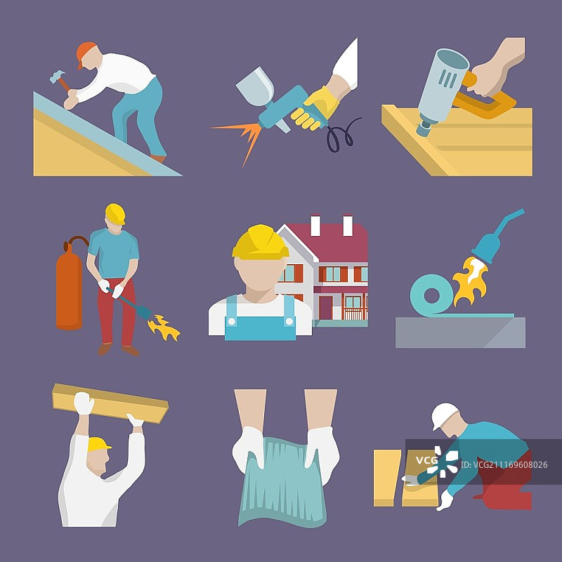 屋顶工人职业房屋维修扁平图标集矢量图图片素材