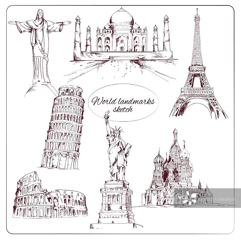 世界地标素描集：埃菲尔铁塔、克里姆林宫、自由女神像图片素材