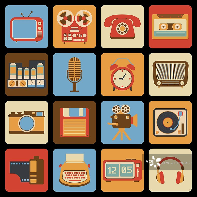复古小工具图标集：收音机、黑胶播放器、闹钟矢量插画图片素材