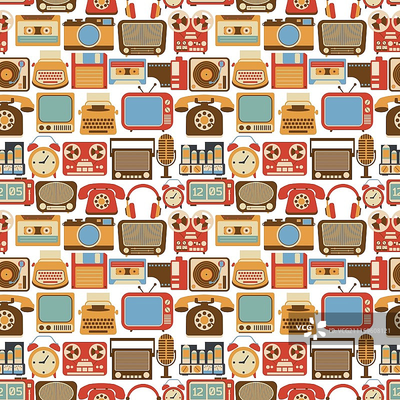 复古小工具无缝图案：收音机、唱片机、闹钟图片素材