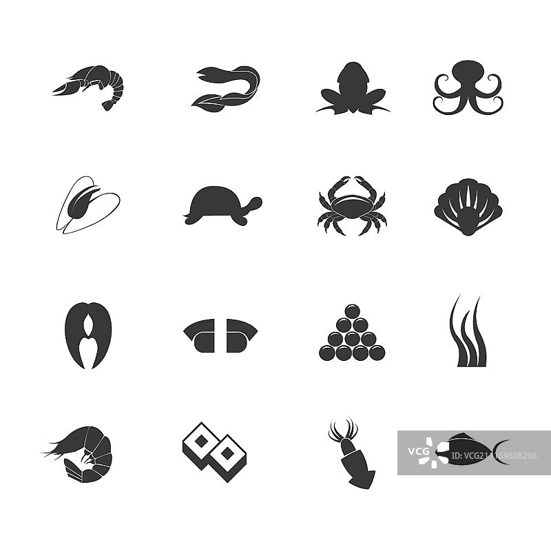 海鲜美食菜单三文鱼鱼类和贝类菜肴元素符号图形图标集抽象孤立矢量图图片素材