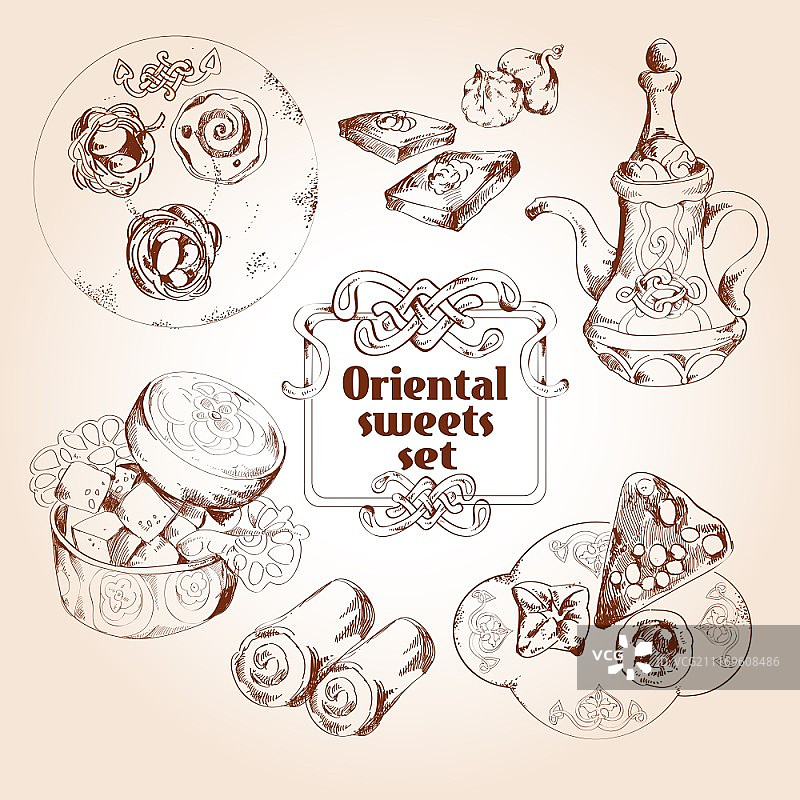 东方阿拉伯传统亚洲甜点速写矢量图图片素材