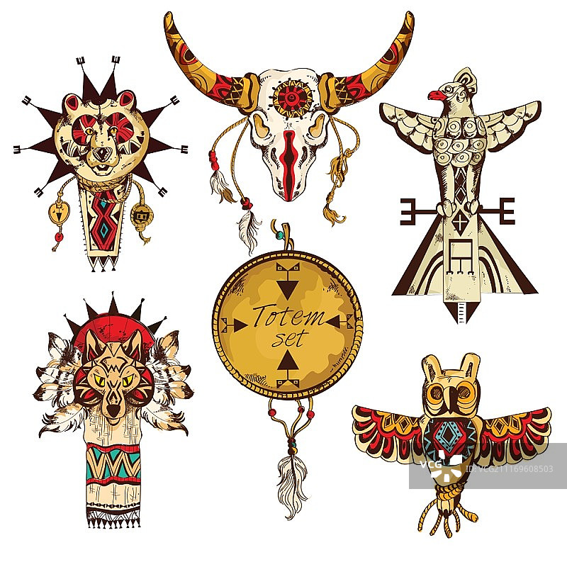 美洲民族部落动物图腾彩色草图装饰元素图片素材