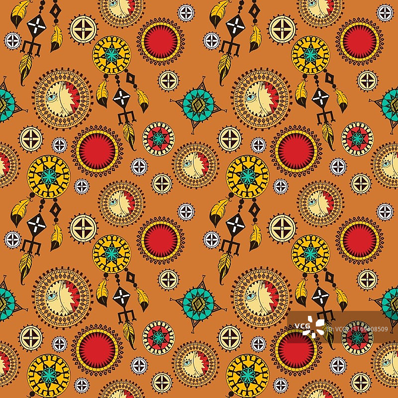 部落无缝背景与印第安羽毛捕梦网和护身符矢量插图图片素材