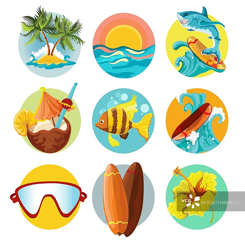 海滩冲浪夏季装饰图标矢量图图片素材