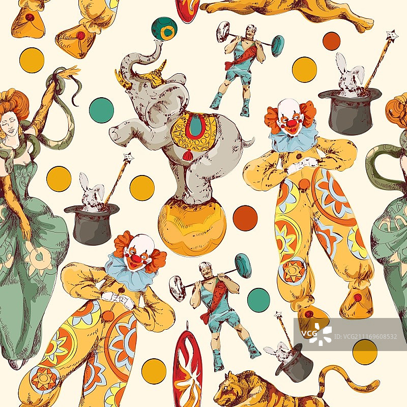 小丑魔术棒戏法复古马戏团装饰无缝包装纸图案涂鸦矢量插画图片素材
