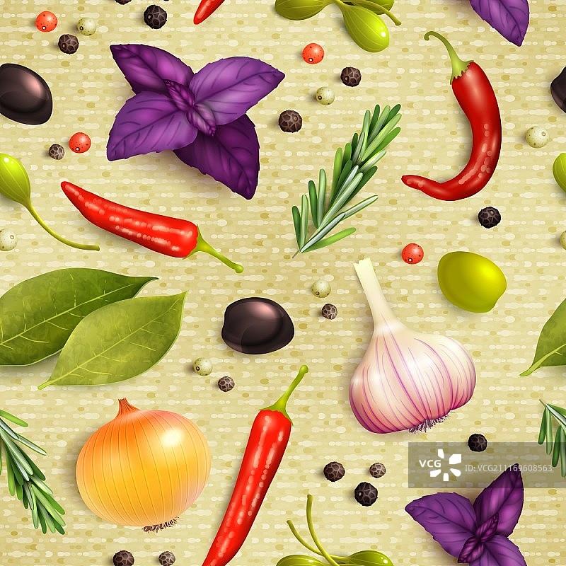 草药和香料装饰元素无缝图案，配有迷迭香、洋葱、大蒜矢量图图片素材