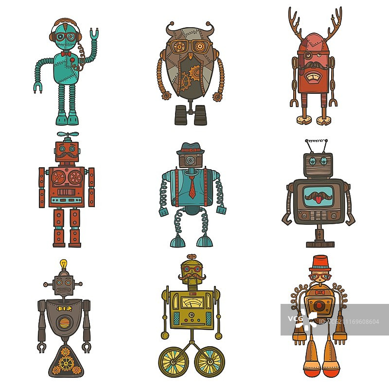 复古人形时尚机器人头像图标集（矢量插图）图片素材