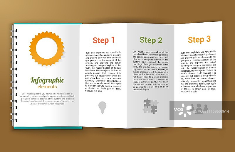 带有信息图表步骤元素的展开的纸质记事本矢量图图片素材