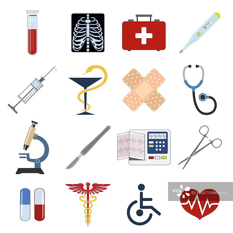 医疗急救护理图标集，包含心脏药丸温度计等，矢量图示图片素材