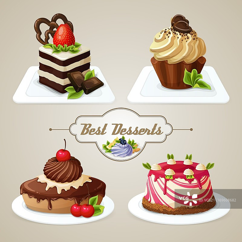 装饰甜点：海绵蛋糕和布丁矢量图图片素材