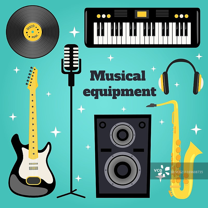 吉他黑胶唱片键盘萨克斯麦克风音乐设备矢量图图片素材