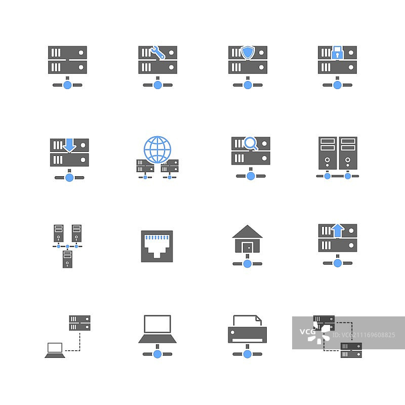包含服务器数据中心域名元素的计算机网络托管图标集矢量图图片素材