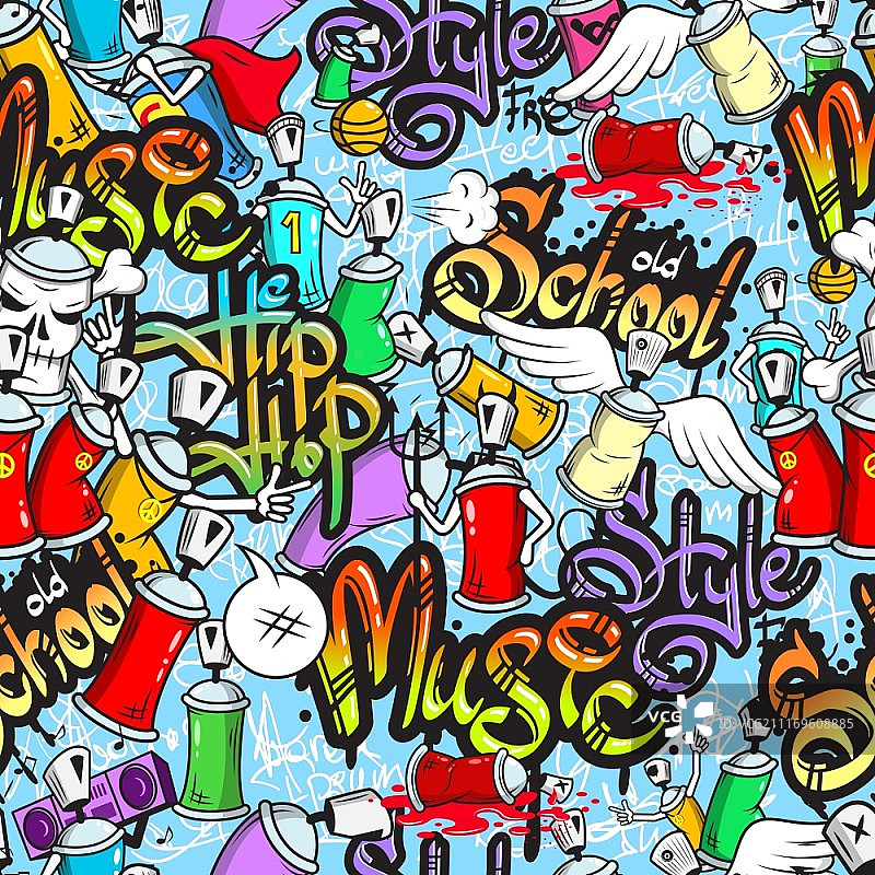 装饰性涂鸦喷雾罐人物城市学校青年街头艺术设计无缝图案包装抽象矢量图图片素材