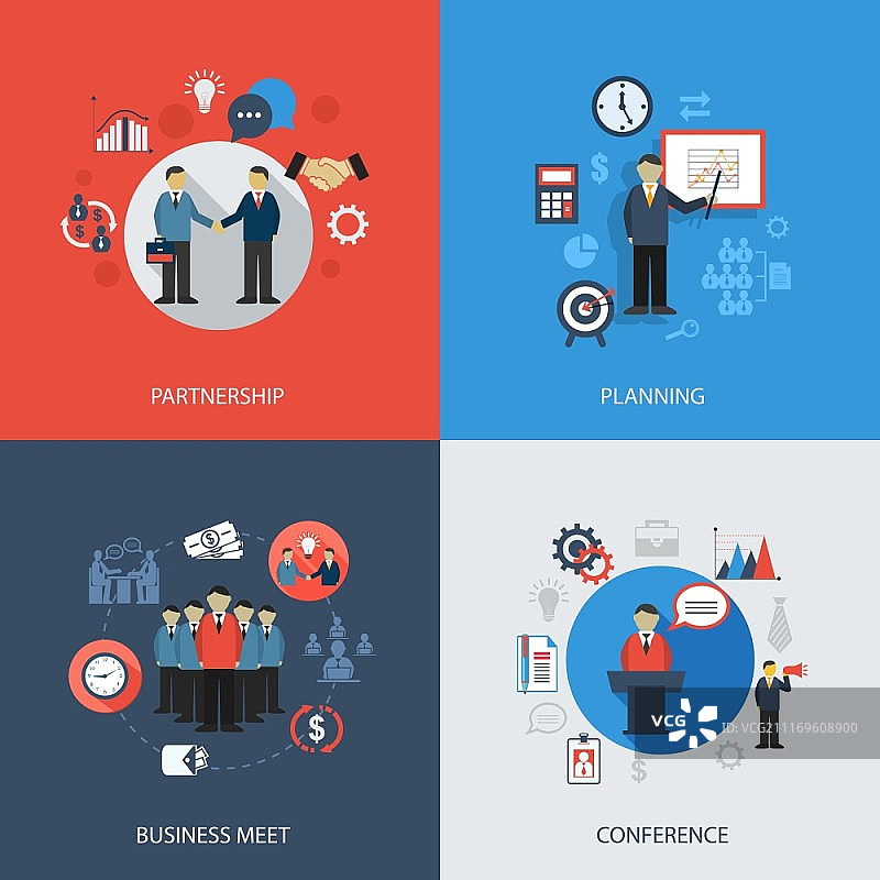 会议合作规划信息图设计元素的扁平商业概念图标集矢量素材图片素材